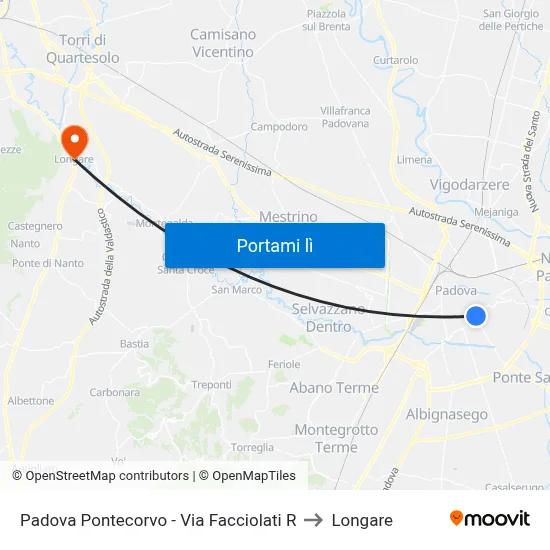 Padova Pontecorvo - Via Facciolati R to Longare map