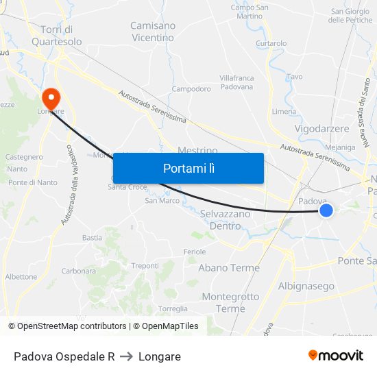 Padova Ospedale R to Longare map