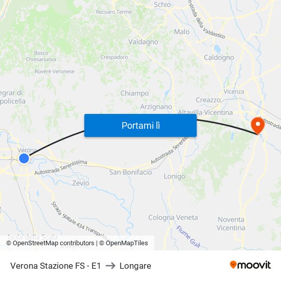 Verona Stazione FS - E1 to Longare map