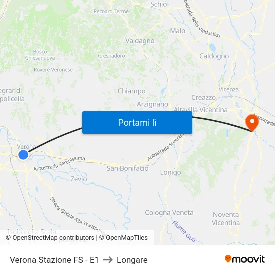 Verona Stazione FS - E1 to Longare map