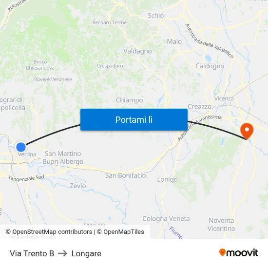 Via Trento B to Longare map