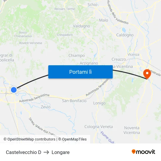 Castelvecchio D to Longare map