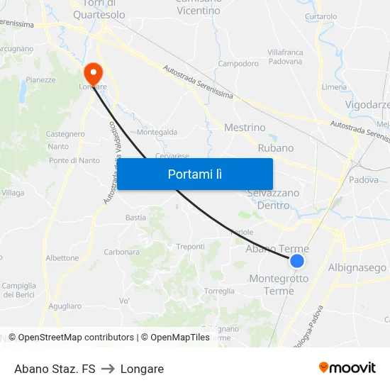 Abano Staz. FS to Longare map