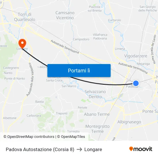 Padova Autostazione (Corsia 8) to Longare map