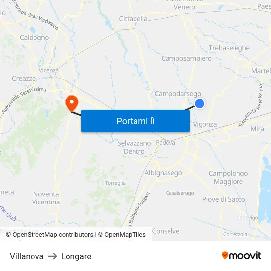 Villanova to Longare map