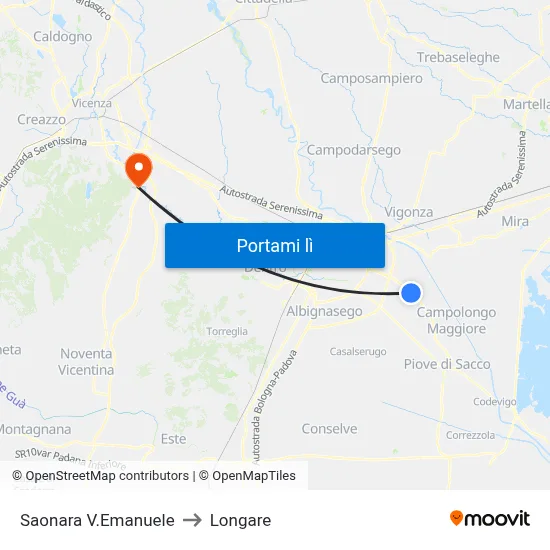 Saonara V.Emanuele to Longare map