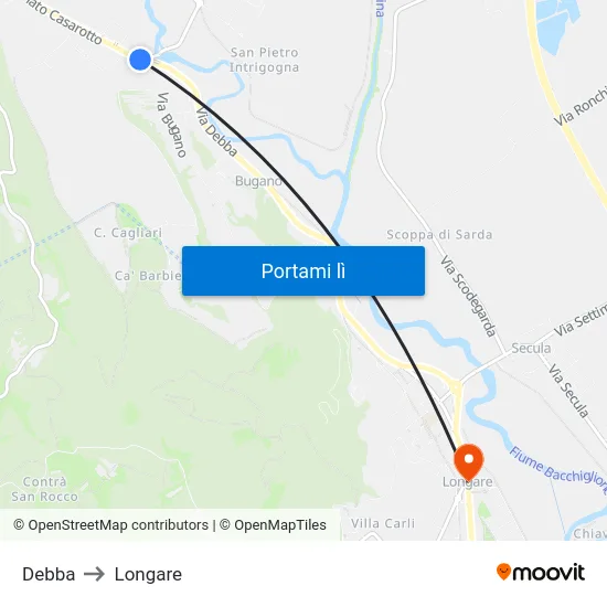Debba to Longare map