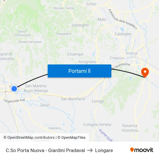 C.So Porta Nuova - Giardini Pradaval to Longare map