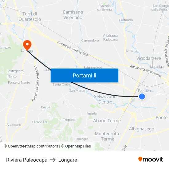 Riviera Paleocapa to Longare map