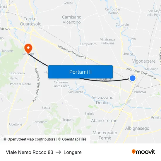 Viale Nereo Rocco 83 to Longare map