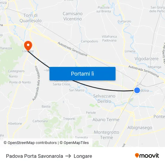 Padova Porta Savonarola to Longare map