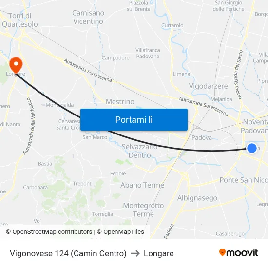 Vigonovese 124 (Camin Centro) to Longare map