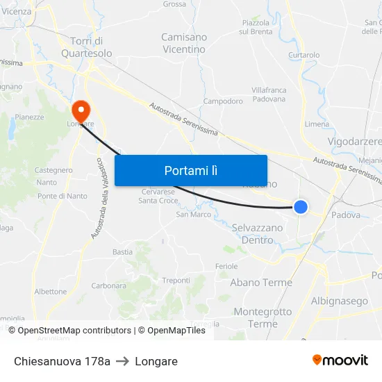 Chiesanuova 178a to Longare map