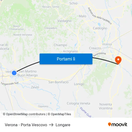 Verona - Porta Vescovo to Longare map