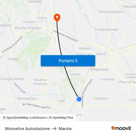 Monselice Autostazione to Marola map