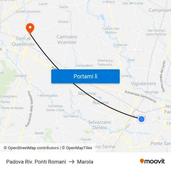 Padova Riv. Ponti Romani to Marola map
