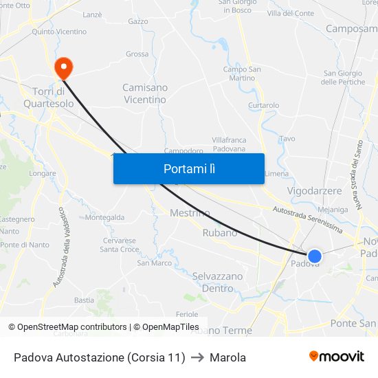 Padova Autostazione (Corsia 11) to Marola map