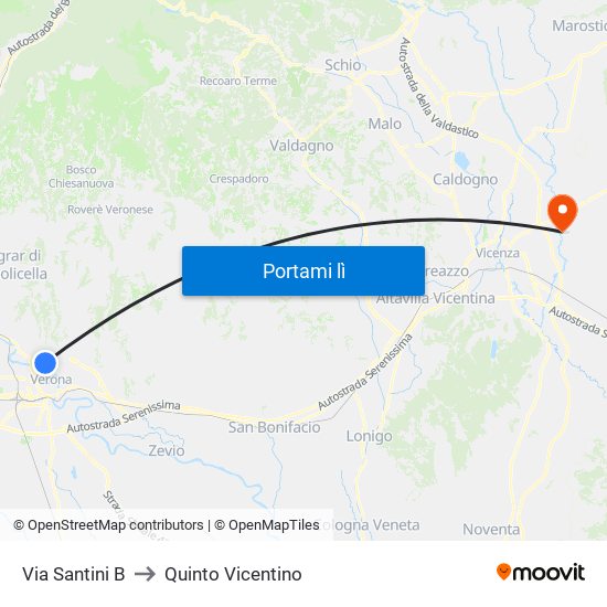 Via Santini B to Quinto Vicentino map