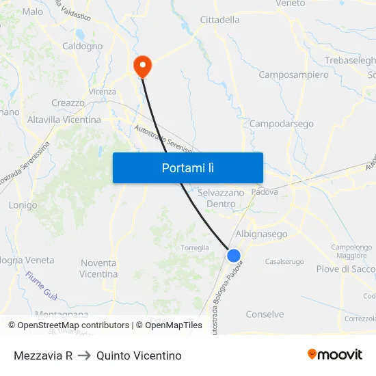 Mezzavia R to Quinto Vicentino map