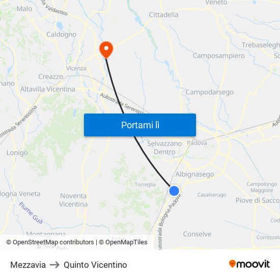 Mezzavia to Quinto Vicentino map