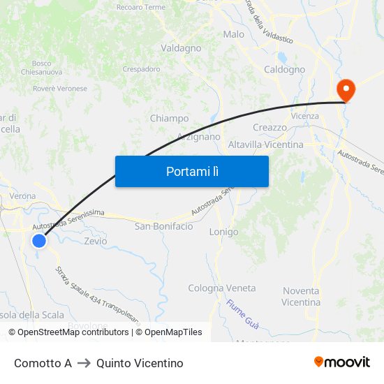 Comotto A to Quinto Vicentino map