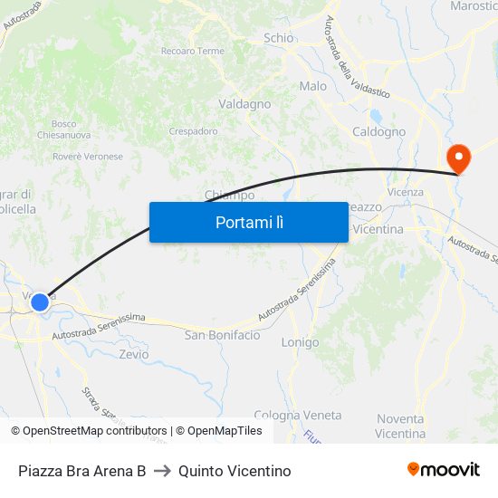 Piazza Bra Arena B to Quinto Vicentino map