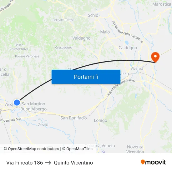 Via Fincato 186 to Quinto Vicentino map