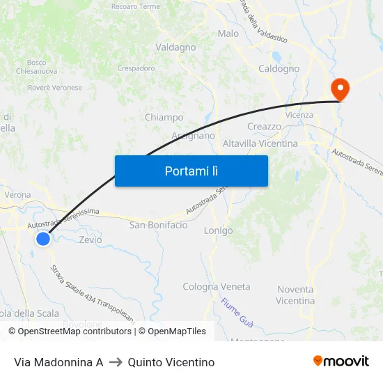 Via Madonnina A to Quinto Vicentino map