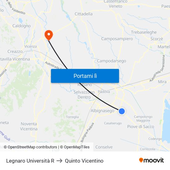 Legnaro Università R to Quinto Vicentino map