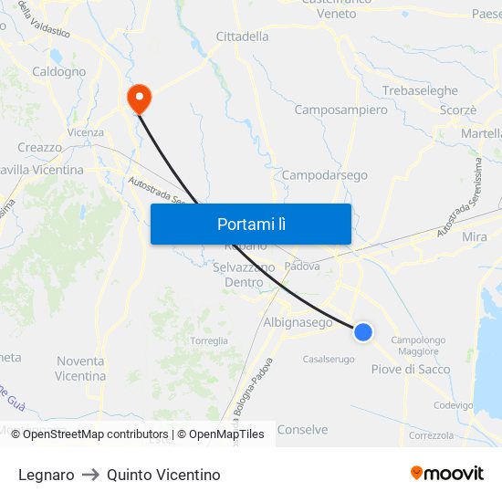 Legnaro to Quinto Vicentino map