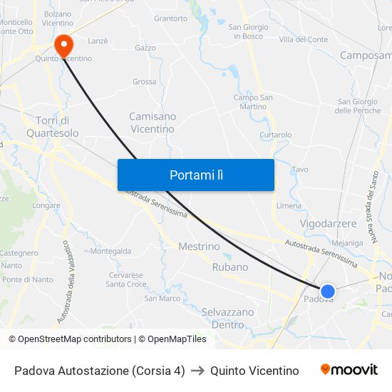 Padova Autostazione (Corsia 4) to Quinto Vicentino map