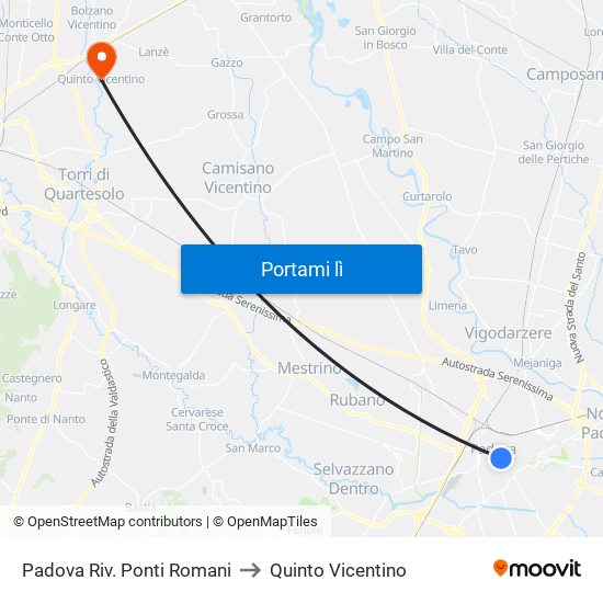 Padova Riv. Ponti Romani to Quinto Vicentino map