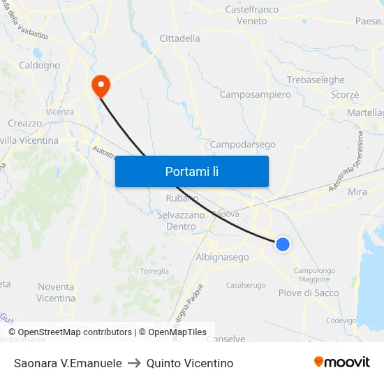 Saonara V.Emanuele to Quinto Vicentino map