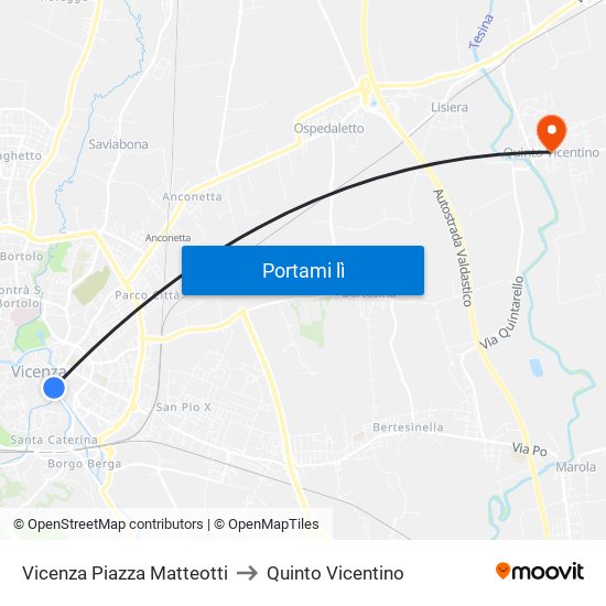 Vicenza Piazza Matteotti to Quinto Vicentino map