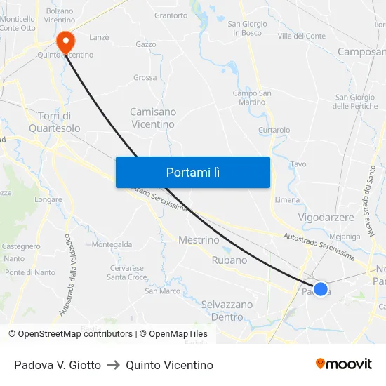 Padova V. Giotto to Quinto Vicentino map