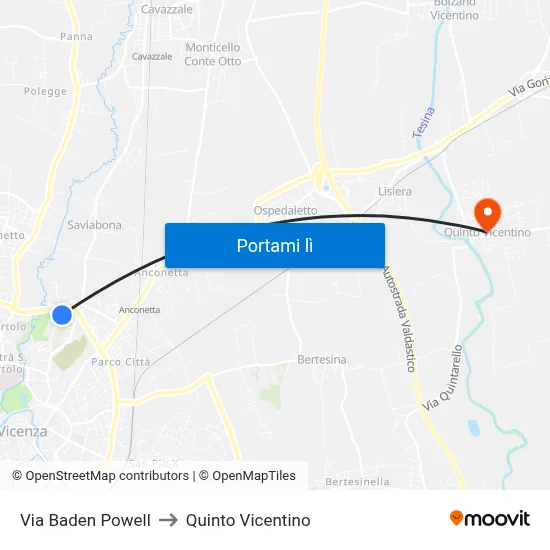Via Baden Powell to Quinto Vicentino map