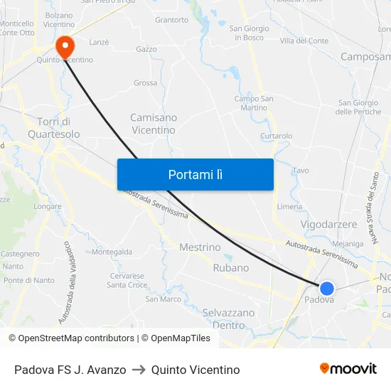 Padova FS J. Avanzo to Quinto Vicentino map