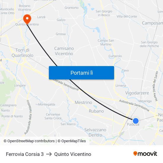 Ferrovia Corsia 3 to Quinto Vicentino map