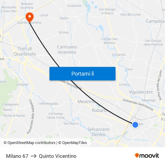 Milano 67 to Quinto Vicentino map