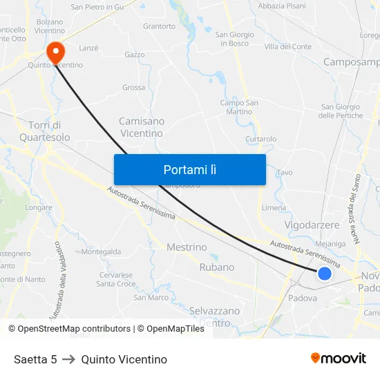 Saetta 5 to Quinto Vicentino map