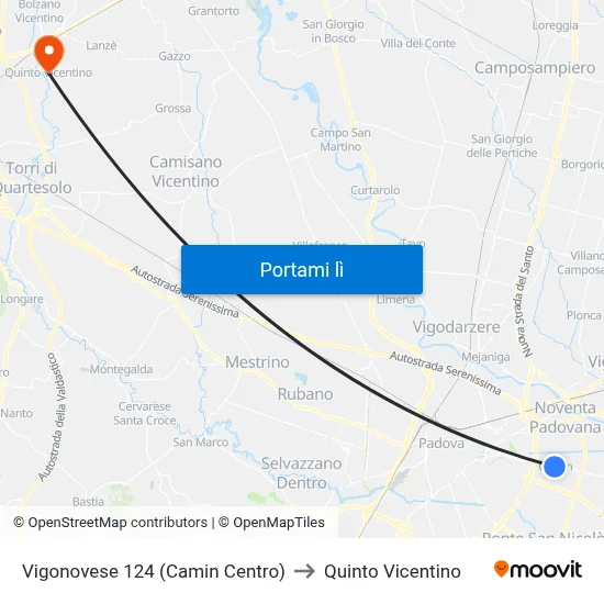 Vigonovese 124 (Camin Centro) to Quinto Vicentino map