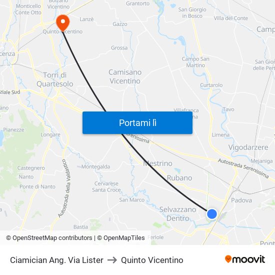 Ciamician Ang. Via Lister to Quinto Vicentino map