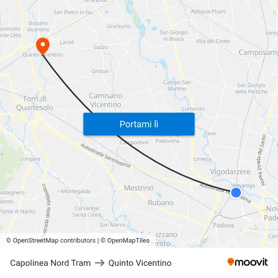 Capolinea Nord Tram to Quinto Vicentino map