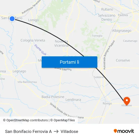 San Bonifacio Ferrovia A to Villadose map