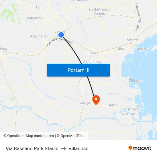 Via Bassano Park Stadio to Villadose map