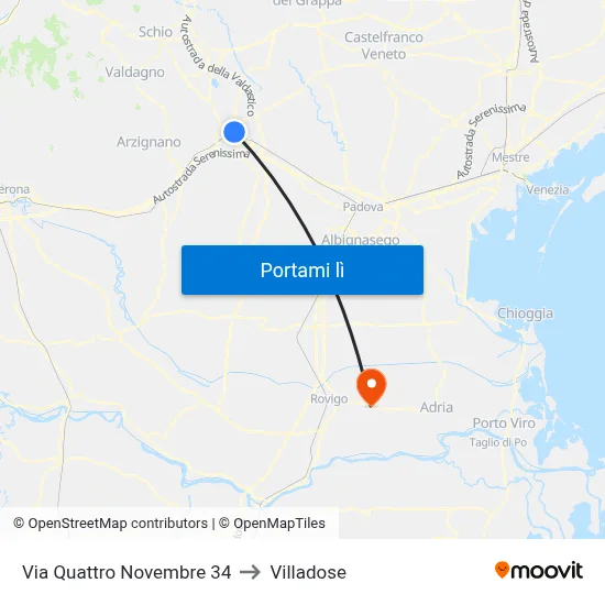 Via Quattro Novembre 34 to Villadose map