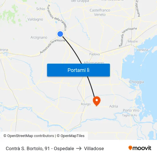Contrà S. Bortolo, 91 - Ospedale to Villadose map