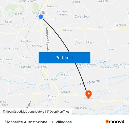 Monselice Autostazione to Villadose map