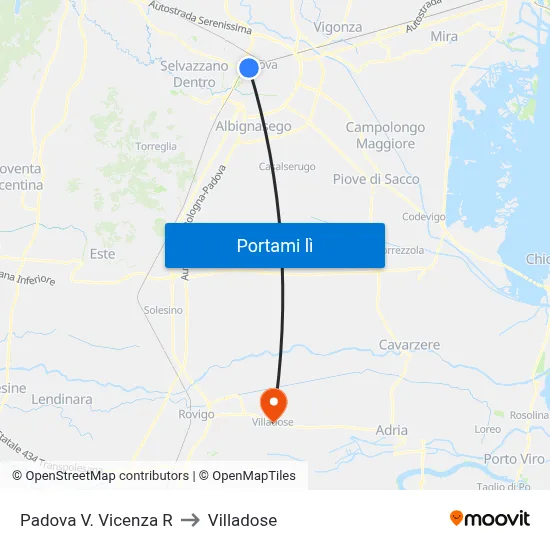Padova V. Vicenza R to Villadose map