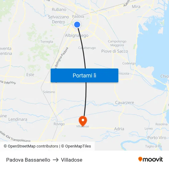 Padova Bassanello to Villadose map